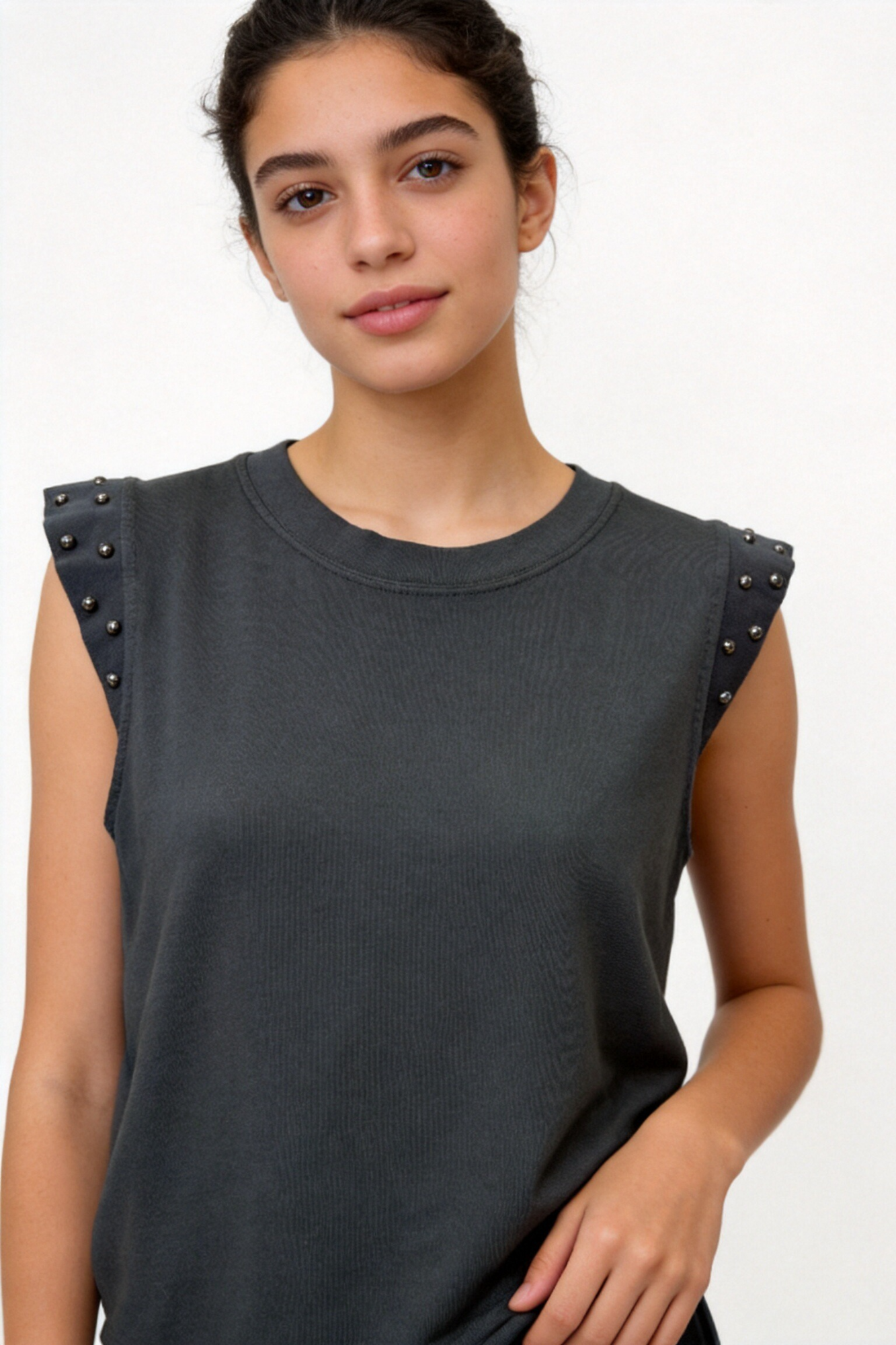 Camiseta de Algodón con Tachuelas en el Hombro
