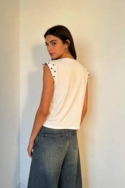 Camiseta de Algodón con Tachuelas en el Hombro