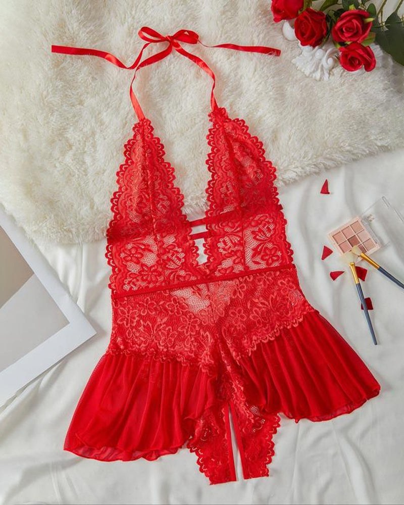 Pijamas de encaje de un solo color y muy sensuales para mujer