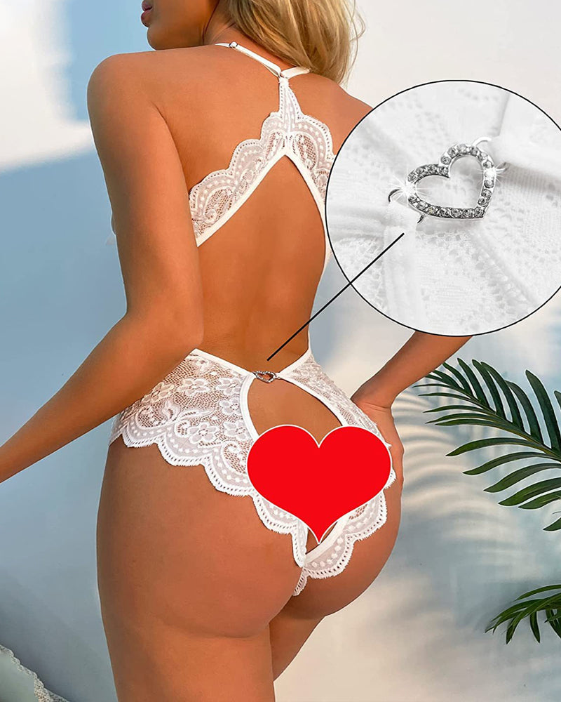 Pijama de una pieza con escote en V profundo, encaje sexy, entrepierna abierta, espalda descubierta y adorno en forma de corazón