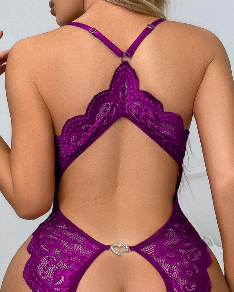 Pijama de una pieza con escote en V profundo, encaje sexy, entrepierna abierta, espalda descubierta y adorno en forma de corazón