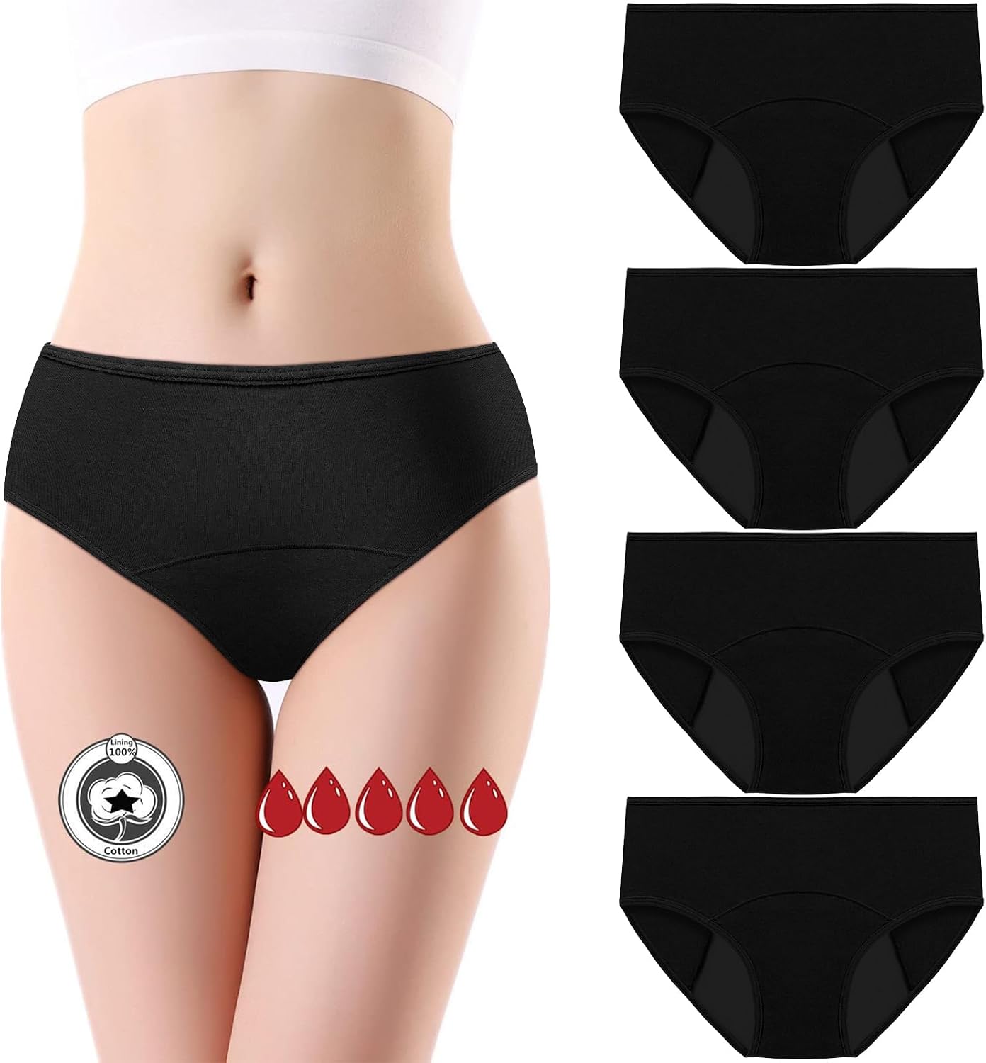 Pack de 4 Braguitas Menstruales de Algodón | Flujo Abundante y Absorbentes