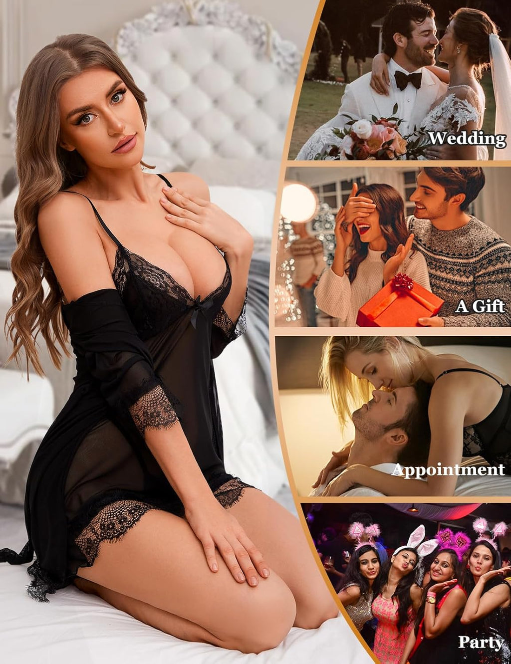 Conjunto de lencería sexy para mujer: conjunto de 3 piezas de ropa de dormir con tanga y albornoces transparentes; camisón babydoll de malla; camisón de novia; pijama de encaje; ropa de dormir