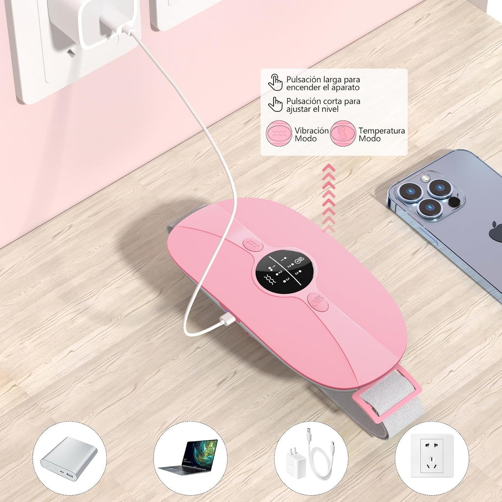 Almohadilla térmica para el periodo, cinturón térmico eléctrico con conexión USB para el abdomen, 3 niveles de calor y 3 modos de masaje, soporte térmico para la espalda para aliviar los dolores menstruales (rosa)