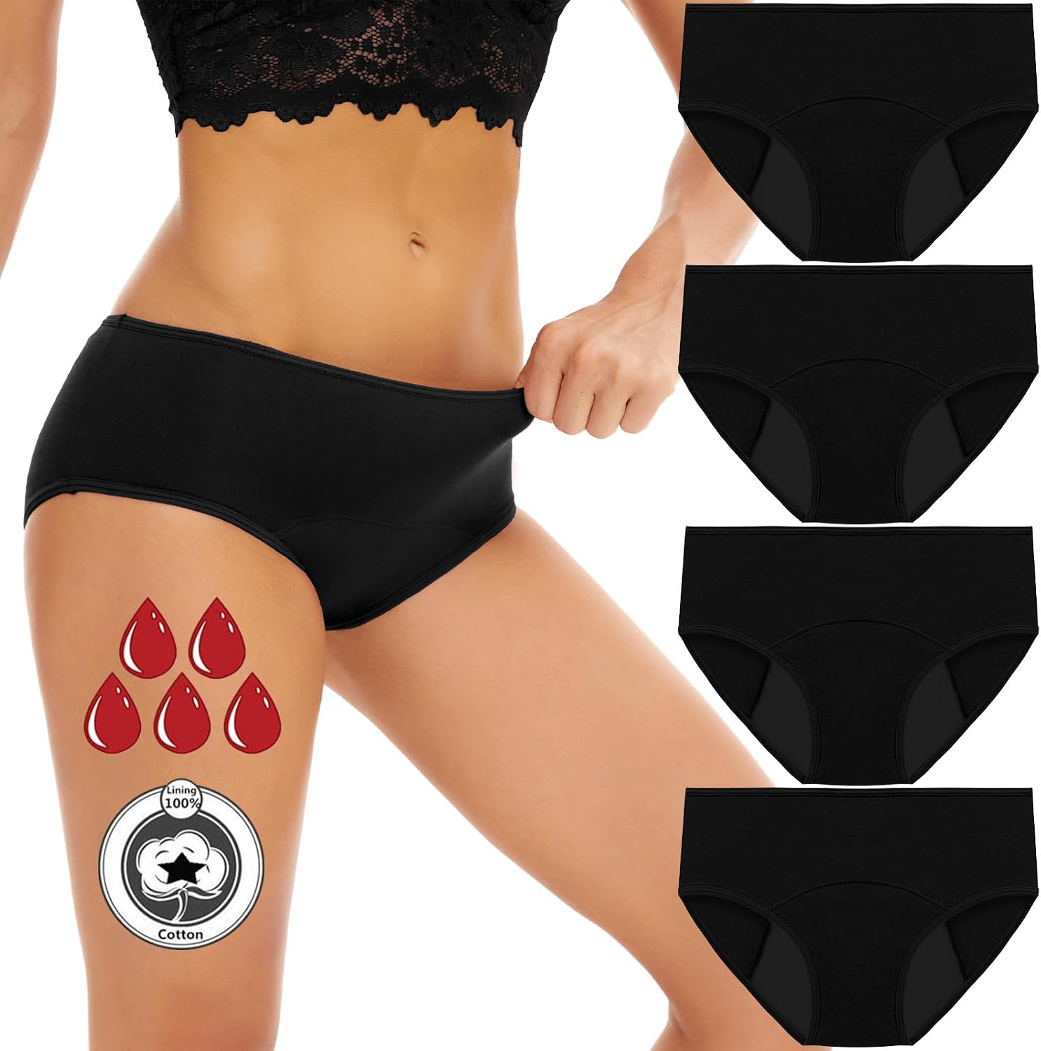 Pack de 4 Braguitas Menstruales de Algodón | Flujo Abundante y Absorbentes
