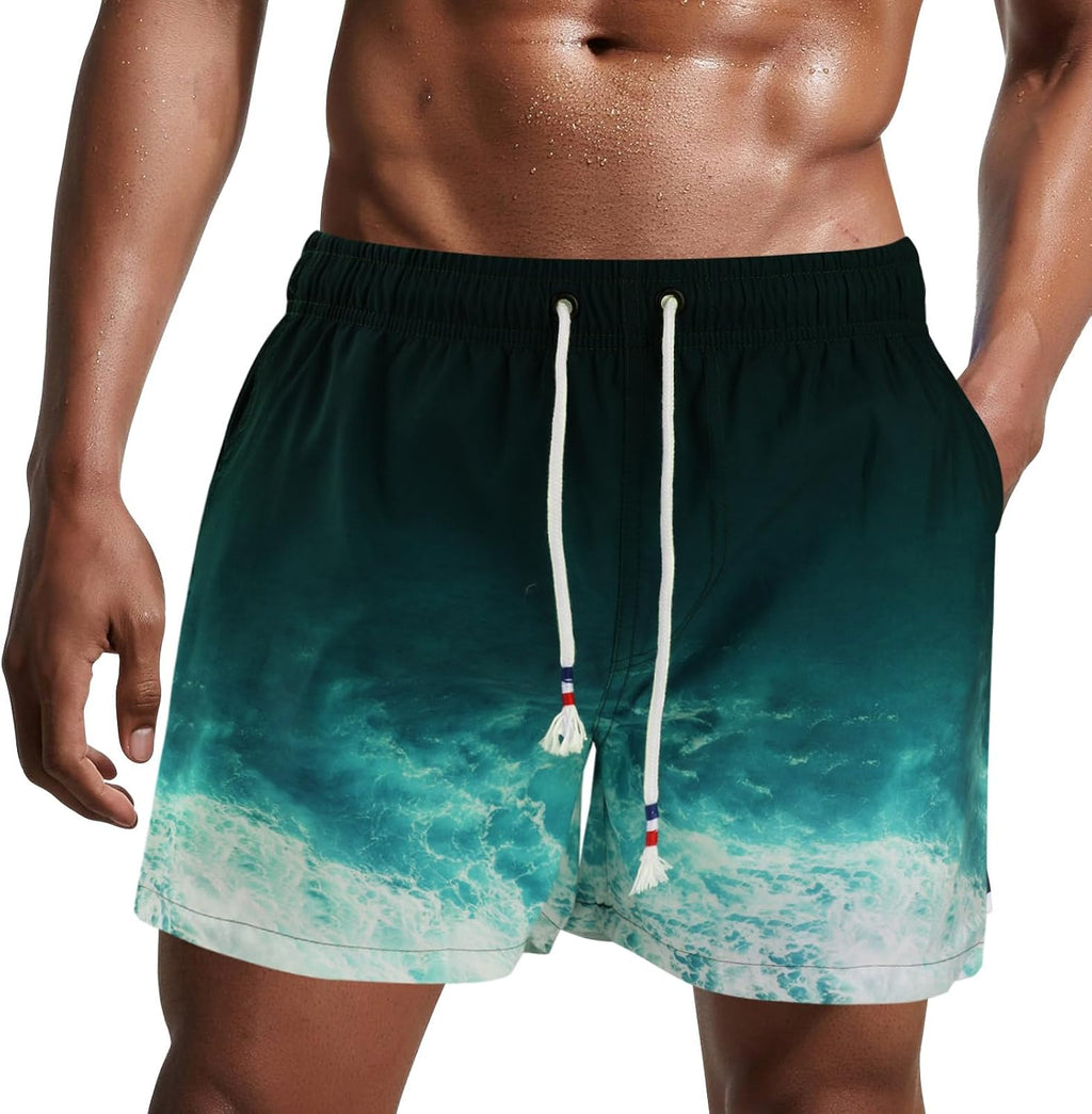 Bañador de hombre de secado rápido, pantalones cortos de playa para navegar, con forro de malla y color degradado