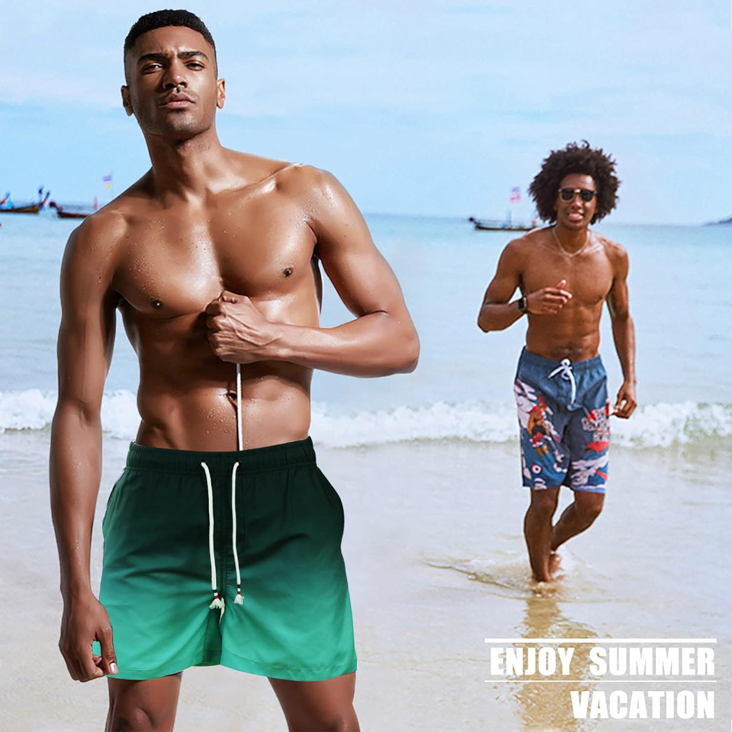 Bañador de hombre de secado rápido, pantalones cortos de playa para navegar, con forro de malla y color degradado