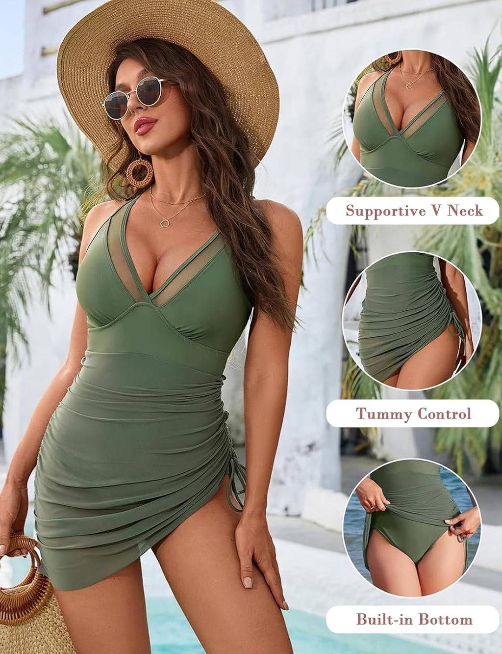 Bañador Liso con Cuello en V y Malla | Traje de Baño Reductor Sexy