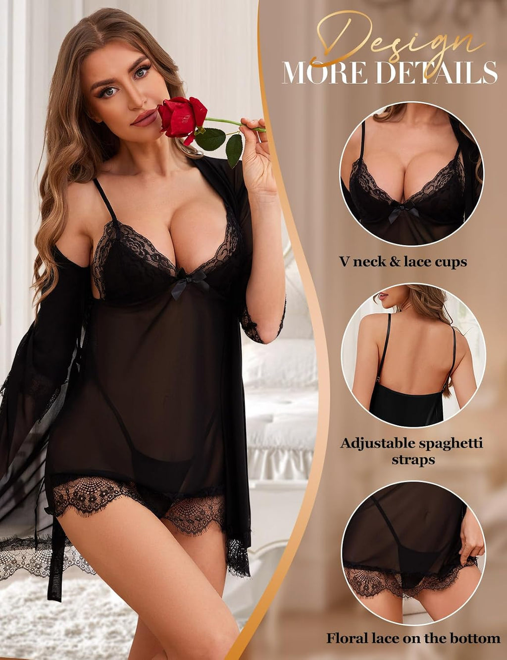 Conjunto de lencería sexy para mujer: conjunto de 3 piezas de ropa de dormir con tanga y albornoces transparentes; camisón babydoll de malla; camisón de novia; pijama de encaje; ropa de dormir