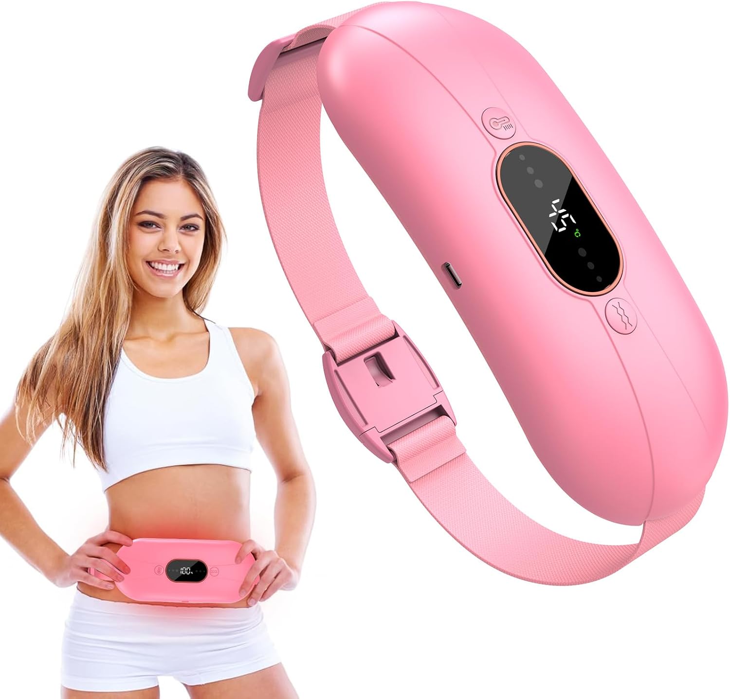 Almohadilla térmica para el periodo, cinturón térmico eléctrico con conexión USB para el abdomen, 3 niveles de calor y 3 modos de masaje, soporte térmico para la espalda para aliviar los dolores menstruales (rosa)