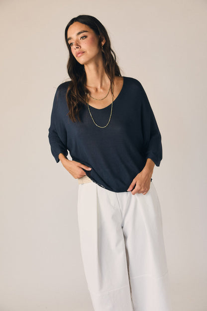 Top cuello pico puntilla azul marino