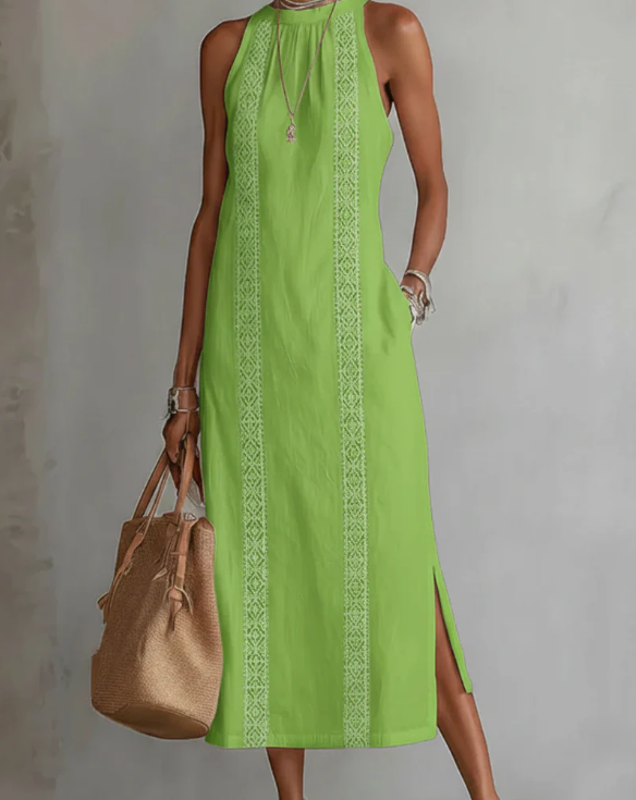 Vestido midi de lino con cuello mao