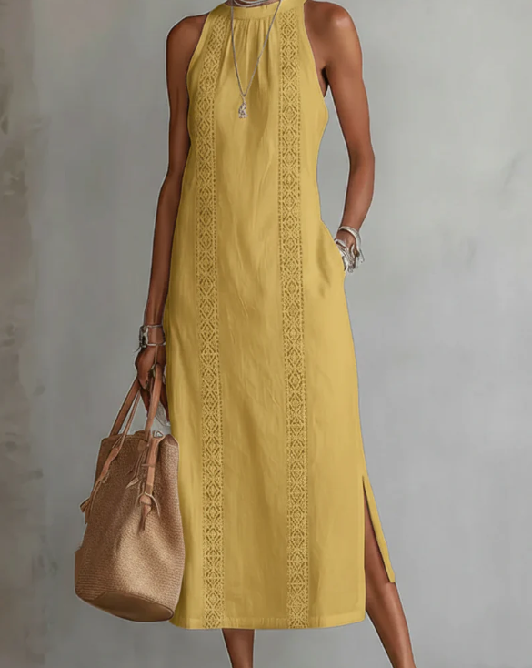 Vestido midi de lino con cuello mao