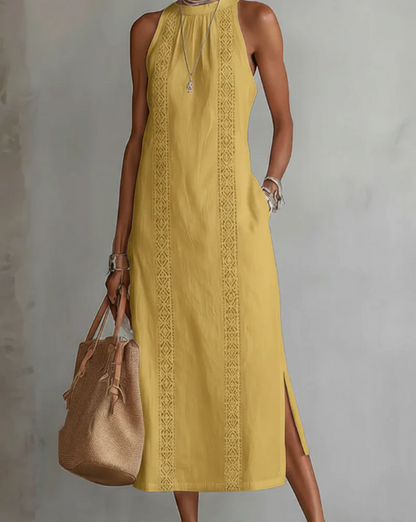 Vestido midi de lino con cuello mao