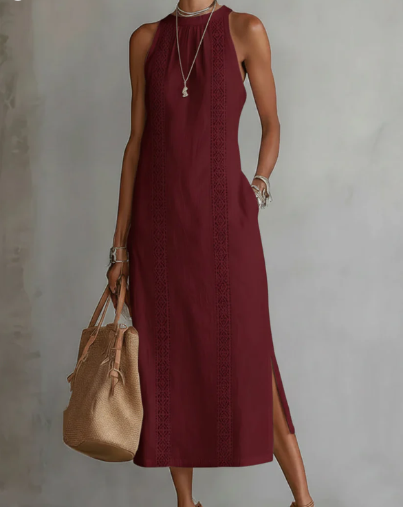 Vestido midi de lino con cuello mao