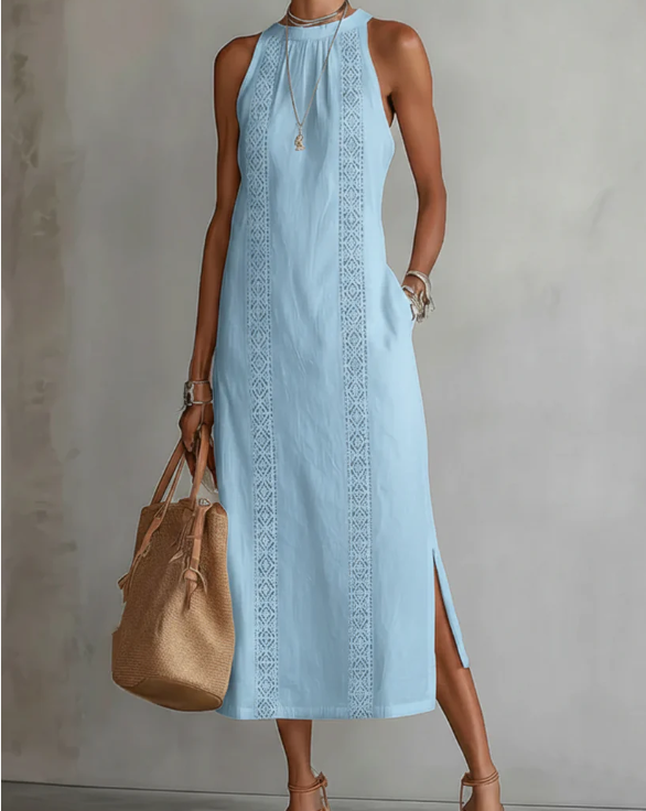 Vestido midi de lino con cuello mao