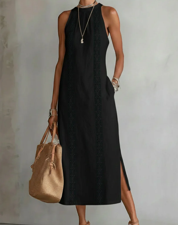 Vestido midi de lino con cuello mao
