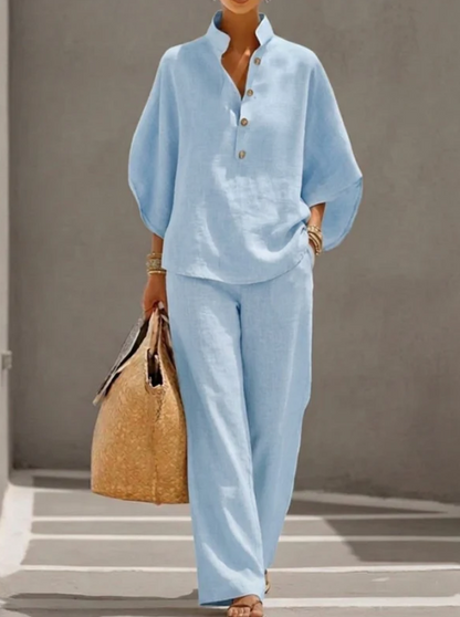 Conjunto efecto algodón y lino con mangas murciélago y pantalones anchos