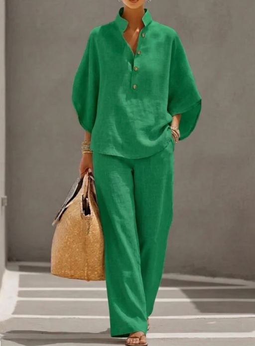 Conjunto efecto algodón y lino con mangas murciélago y pantalones anchos