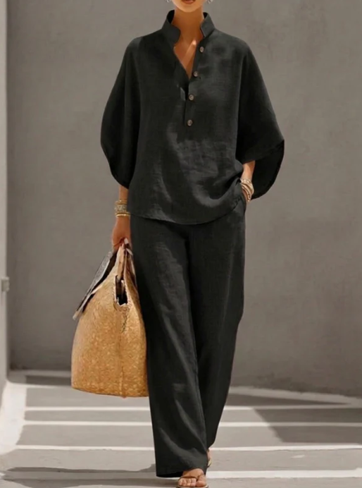 Conjunto efecto algodón y lino con mangas murciélago y pantalones anchos