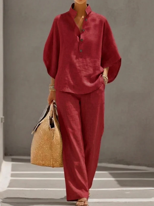 Conjunto efecto algodón y lino con mangas murciélago y pantalones anchos
