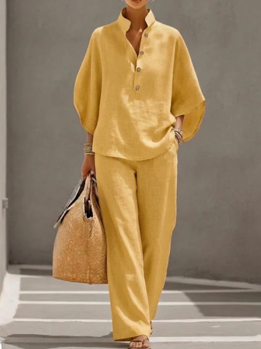 Conjunto efecto algodón y lino con mangas murciélago y pantalones anchos