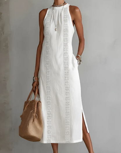 Vestido midi de lino con cuello mao