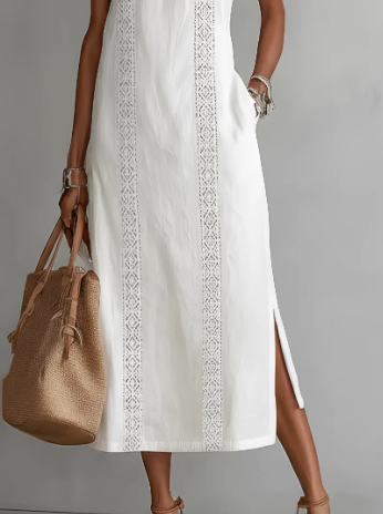 Vestido midi de lino con cuello mao
