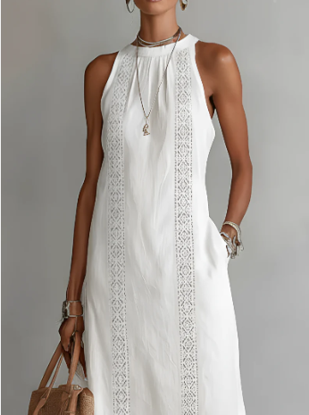 Vestido midi de lino con cuello mao
