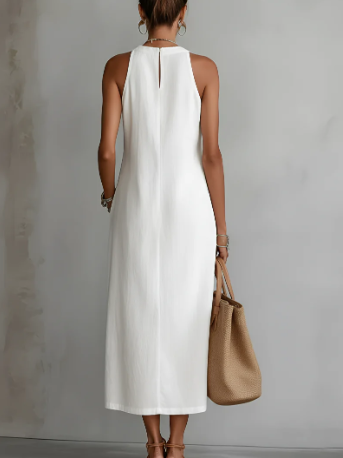 Vestido midi de lino con cuello mao