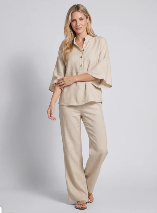 Conjunto efecto algodón y lino con mangas murciélago y pantalones anchos