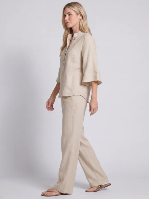 Conjunto efecto algodón y lino con mangas murciélago y pantalones anchos