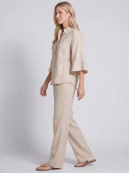 Conjunto efecto algodón y lino con mangas murciélago y pantalones anchos