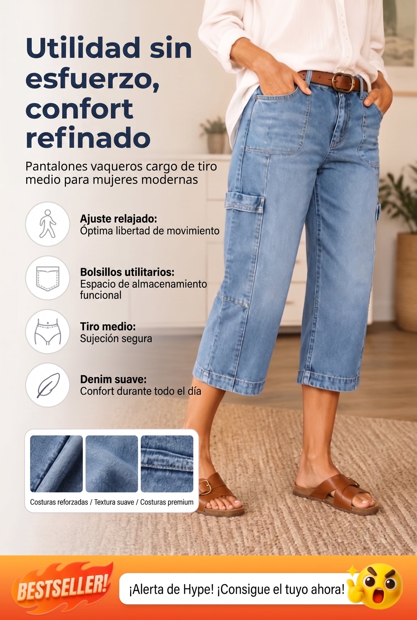 Vaqueros tobilleros, elásticos y de estilo casual para mujer