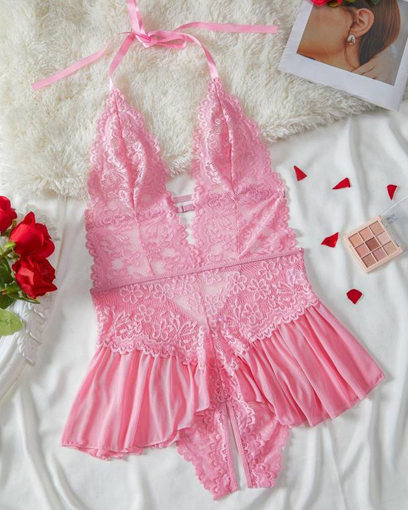 Pijamas de encaje de un solo color y muy sensuales para mujer